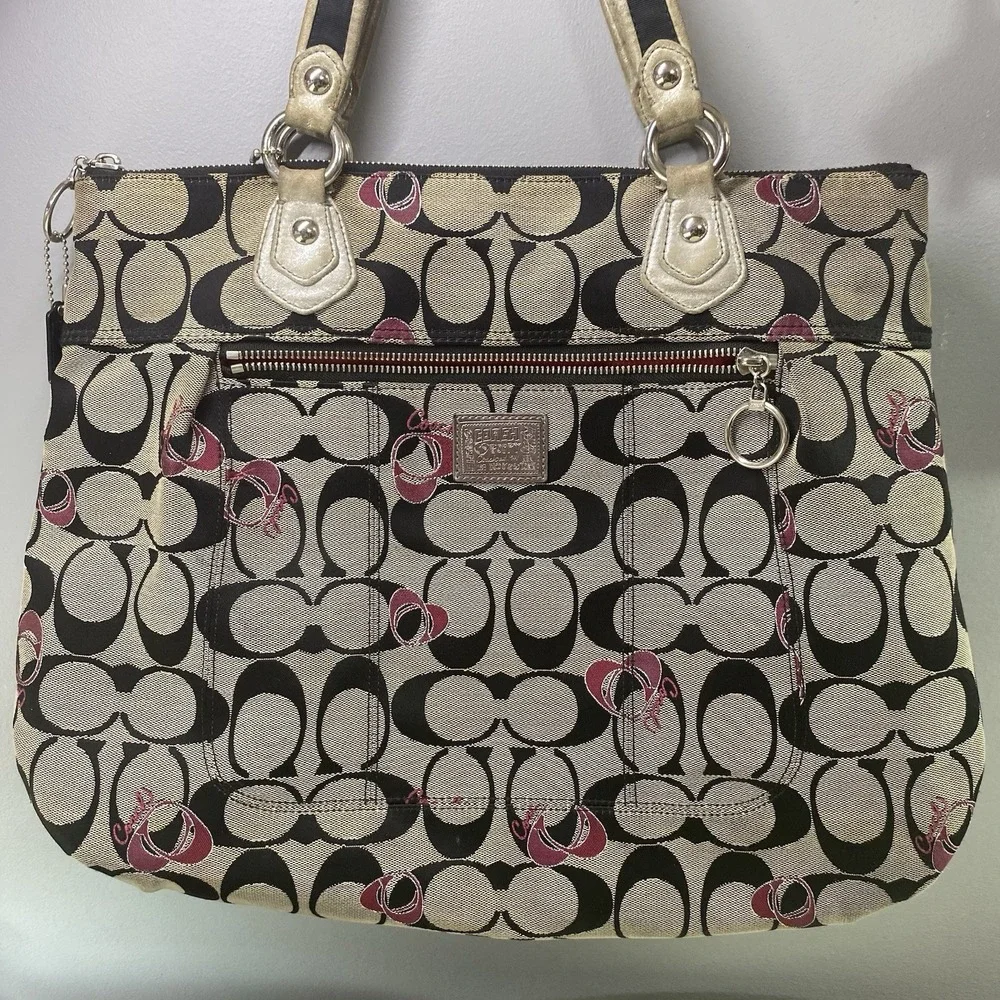 Coach Poppy Signature One Women Shoulder Bag Tan/Black/Pink 13x17x4" Need Clean - Picture 2 of 16